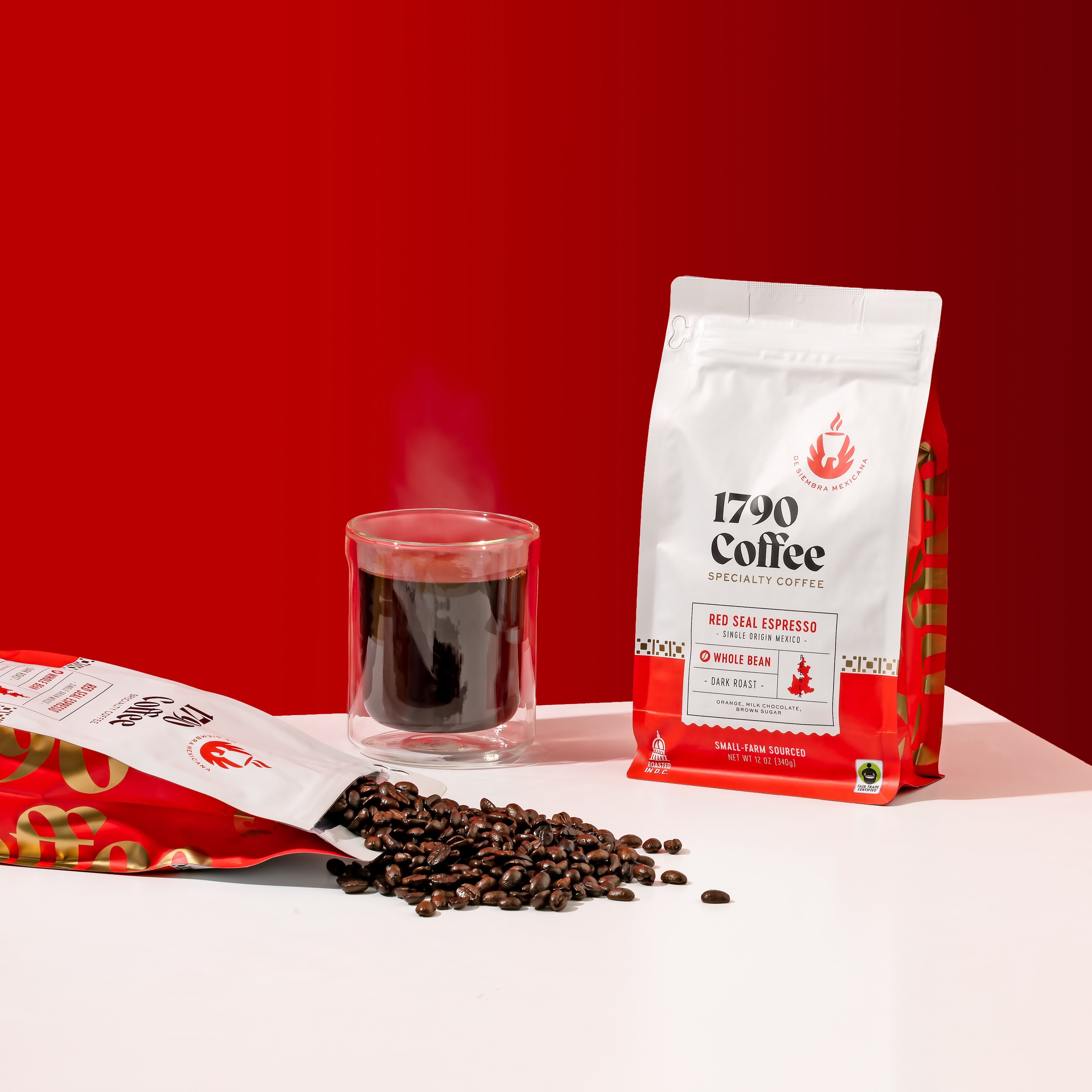1790 Coffee Red Seal Espresso bag with coffee beans and a glass of espresso on a red background