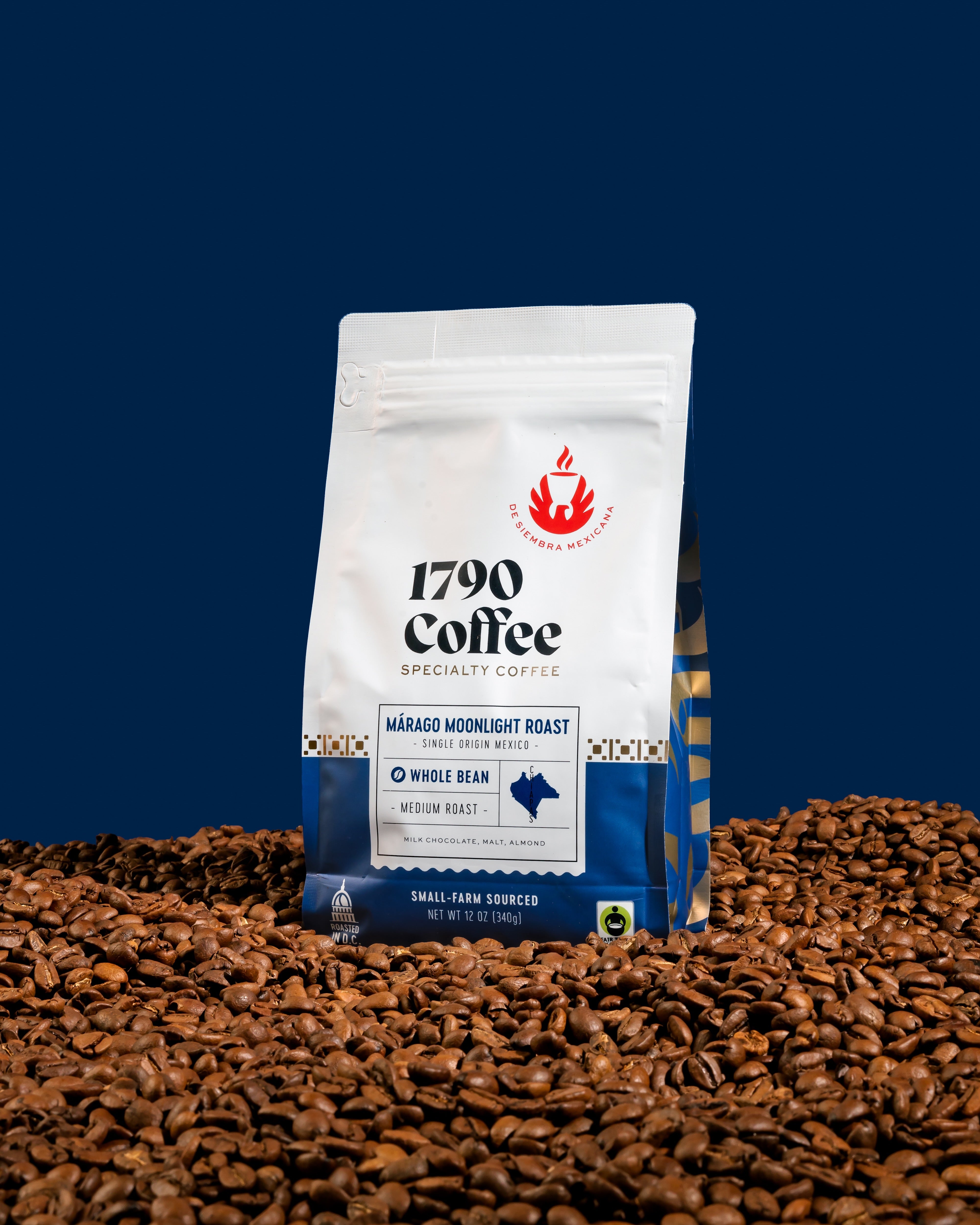 Bag of 1790 Coffee Marago Moonlight Roast on a bed of coffee beans with a blue background