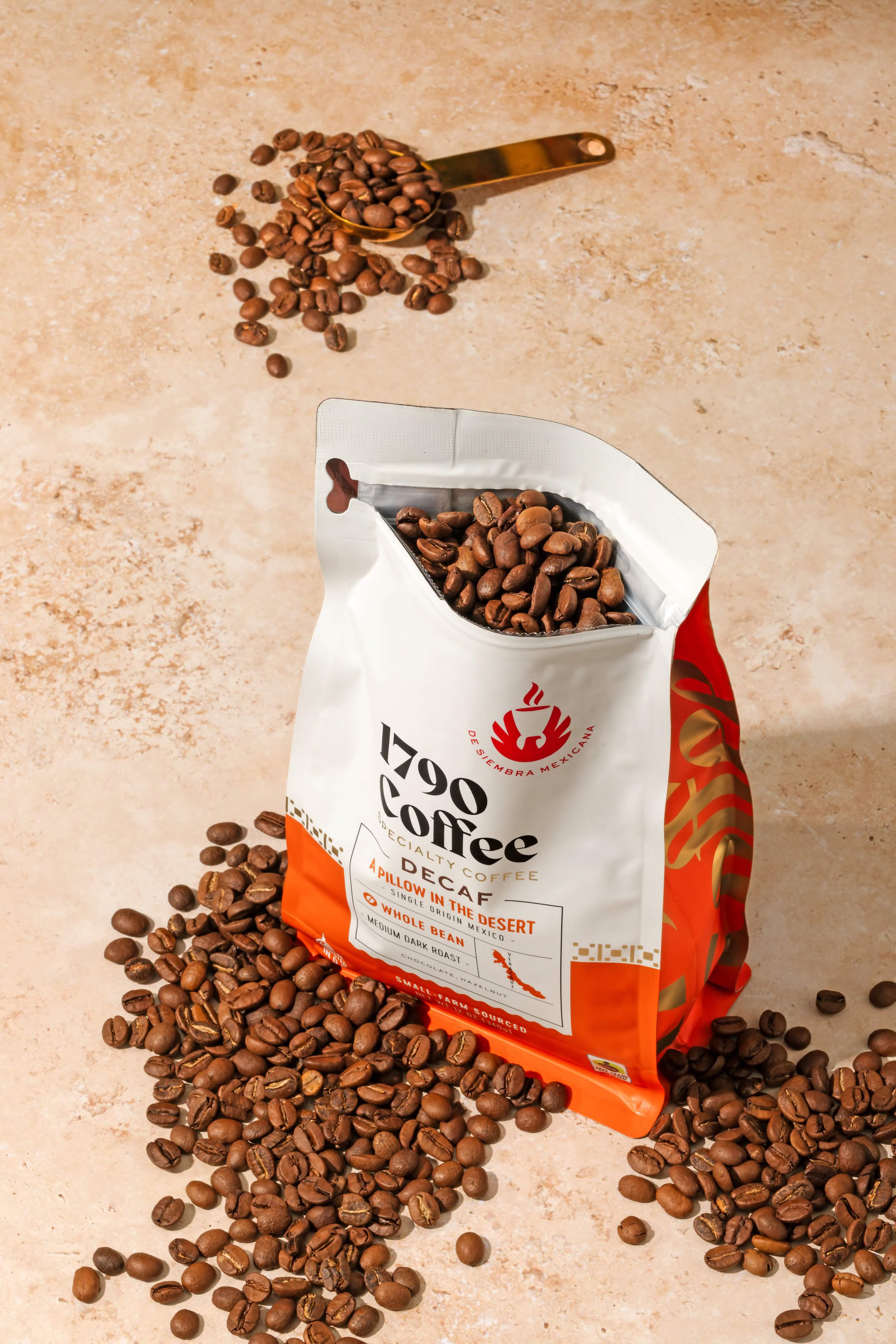 Bag of 1790 Coffee A Pillow in the Desert decaf open with visible coffee beans