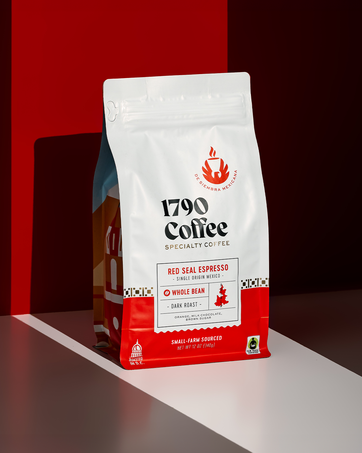 1790 Coffee Red Seal Espresso — dark Puebla single-origin whole bean coffee bag on a red and black background
