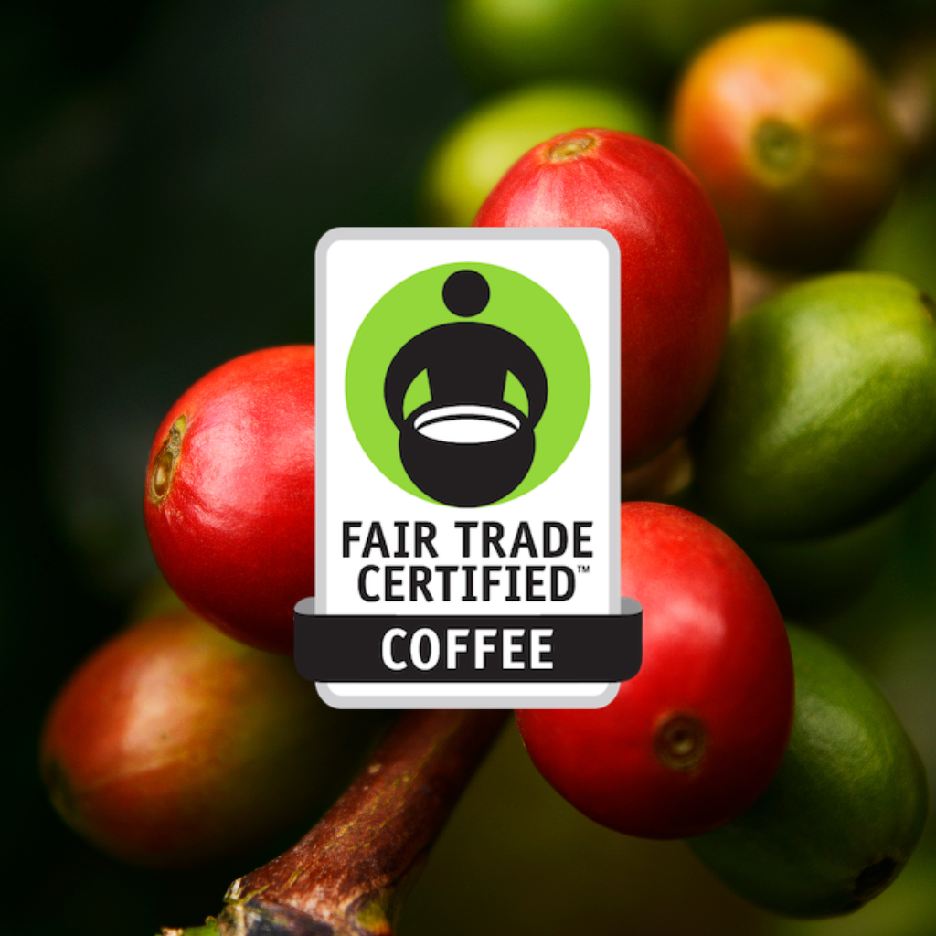 Fair Trade Certified Coffee badge over red coffee cherries — 1790 Coffee Red Seal Espresso